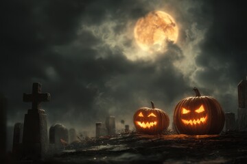 Haunting Pumpkins Glow Under a Full Moon in a Graveyard