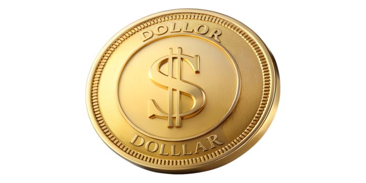 Closeup of a shiny gold dollar coin isolated on transparent background, representing wealth, investment, and the global economy in financial markets