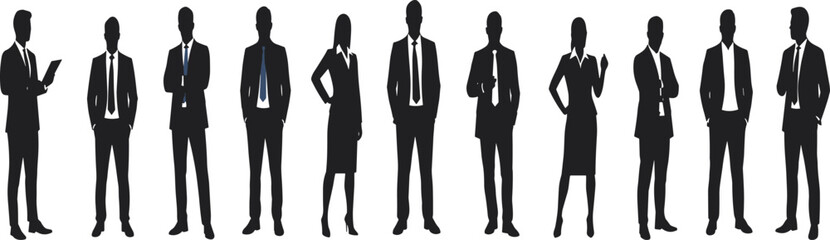 Silhouettes of professional business people in formal office attire standing together representing teamwork, leadership, career success, corporate culture, and collaboration illustration