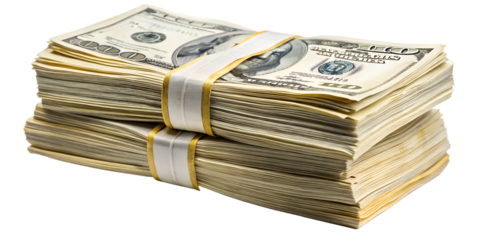 Stack of united states hundred dollar bills isolated on transparent background, representing wealth, finance, and the american economy, symbolizing prosperity and success