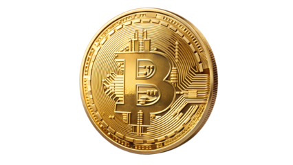 A gleaming golden bitcoin coin isolated on transparent background, representing digital currency and the potential for financial innovation in the future