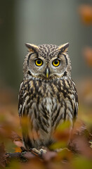 Fototapeta premium Great horned owl in flight over nature wildlife scene