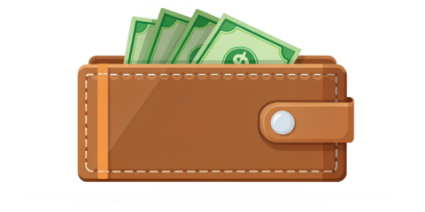 Wallet full of money isolated on transparent background, symbolizing financial prosperity, careful budgeting, and the potential for longterm savings and investments