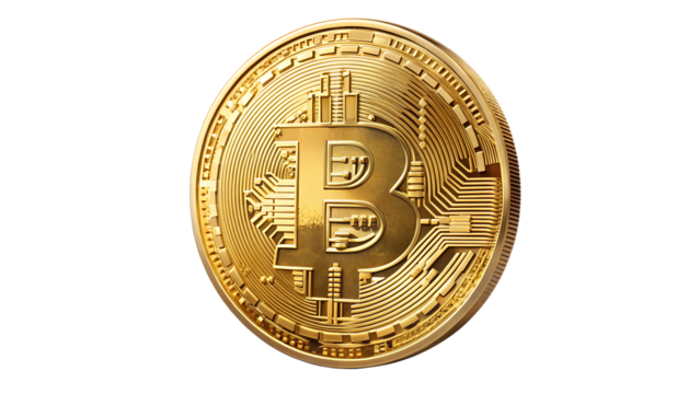 A gleaming golden bitcoin coin isolated on transparent background, representing digital currency and the potential for financial innovation in the future - Powered by Adobe