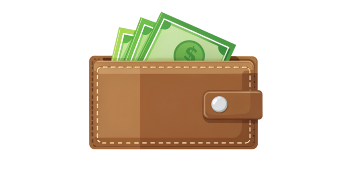 Wallet full of money isolated on transparent background, representing financial security, savings, and the accumulation of wealth through careful budgeting