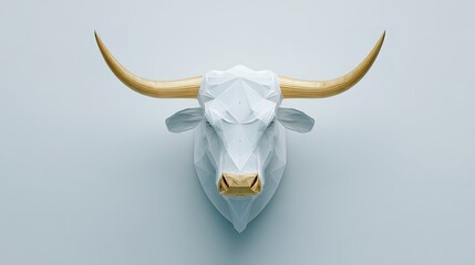 Polygonal bull head with golden horns on minimalist background