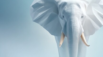 White poly elephant on blue abstract background with geometric shapes
