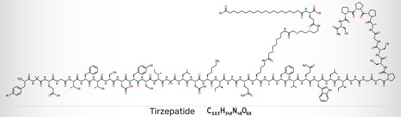 Tirzepatide molecule. Dual GIP and GLP-1 receptor agonist peptide drug for treatment of type 2 diabetes and obesity. Vector illustration