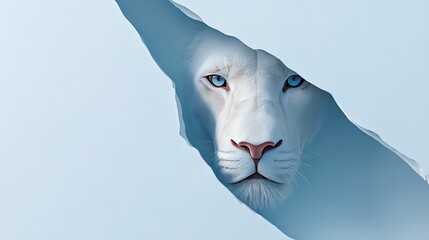 Stunning white lion peeking through blue paper with intense blue eyes