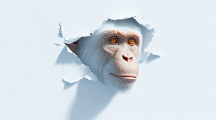 White monkey breaking through paper wall with curious expression
