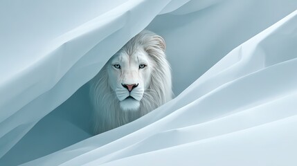 Majestic white lion surrounded by soft white fabric in a serene setting