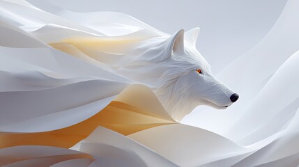 Majestic white wolf with orange eyes surrounded by flowing abstract waves