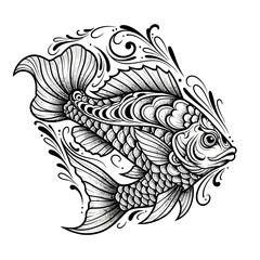 Elegant Fish Illustration with Ornate Details: A captivating black and white drawing that blends