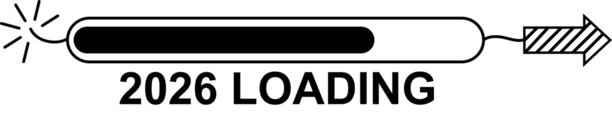 Horizontal loading bar symbolizing the arrival of a new year 2026, designed as a lit wick and an arrow