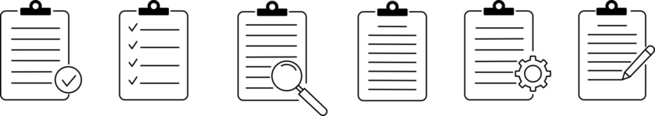 series of clipboard icons, concepts of completed tasks, document review, and highlighting project management