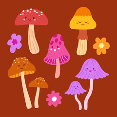 Vector illustration of mushrooms. Cute mushroom with happy face. Cartoon with autumn vibes for design and pattern.