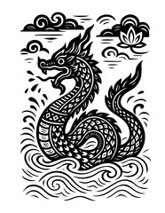 Thai Naga Vector Illustration with Lotus and Flame Motifs Buddhist Art Design
