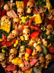 Halloween salad with cheese in shape of skull