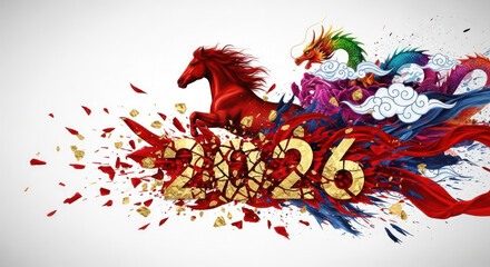 Dynamic abstract horse with splashes for lunar new year 2026 celebration