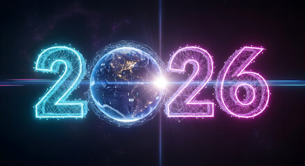 Futuristic New Year 2026 with Planet Earth and Global Network Connections