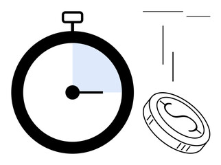 Stopwatch tracking time alongside a coin illustrating financial value, efficiency, and planning. Ideal for time management, productivity, budgeting, resource allocation, deadlines, strategy simple