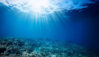 Underwater Sea Deep Water Abyss With Blue Sun Light