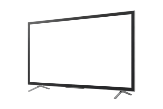 Large flat screen television on a stand ready for setup in a living room space during daytime