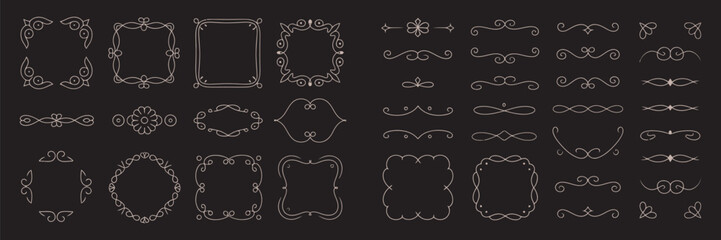 A large collection of elegant vintage frames and ornate decorative elements. Classic calligraphic borders and dividers for design