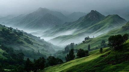 Misty mountain valley landscape with lush green slopes and foggy peaks