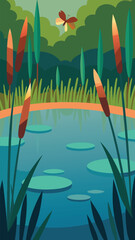 Peaceful pond reflection with dragonflies and tall reeds vector illustration vector