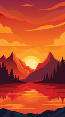 Fiery sunset over orange lake with mountain silhouettes vector illustration vector