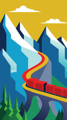 Red train travels scenic mountain cliffs stylized geometric illustration vector