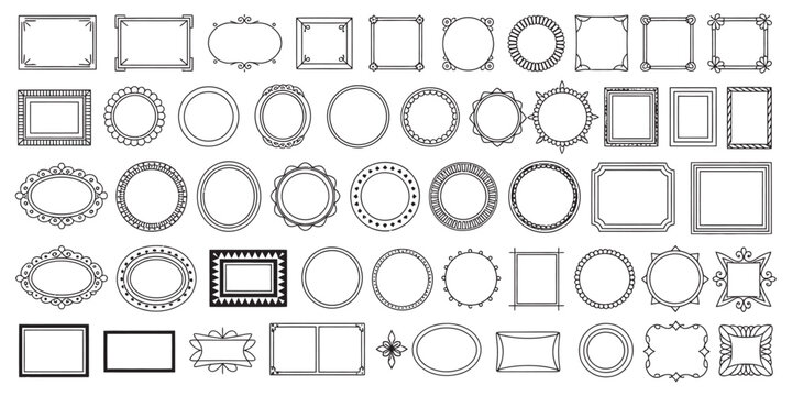 A diverse collection of classic and ornate decorative frames and borders. Vector illustration bundle of isolated oval, round, and square outlines for design