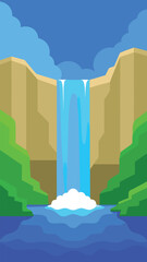 Vector waterfall cascading down rocky cliff into blue water nature illustration scalable eps vector