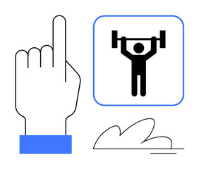 Index finger pointing up, weightlifter lifting barbell in square frame, abstract shape below. Ideal for fitness, motivation, progress, goals, determination self-improvement achievement. A bold