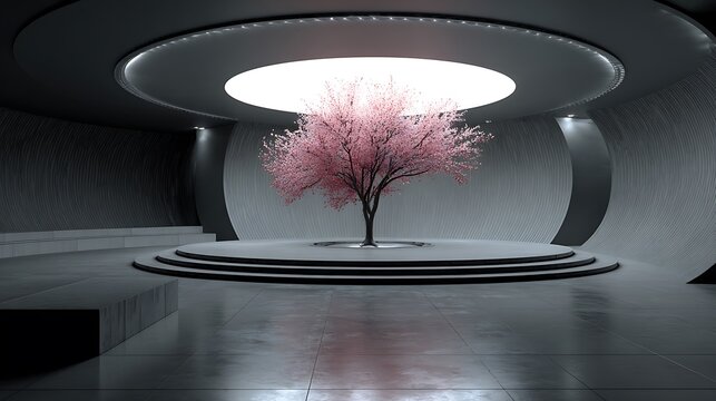 Serene pink cherry blossom tree illuminates a futuristic circular atrium with soft ambient light - Powered by Adobe