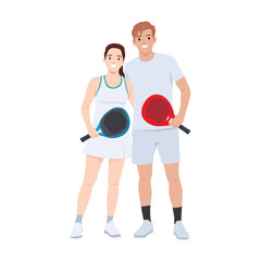 Smiling Couple Padel Players with Rackets. Flat vector illustration isolated on white background