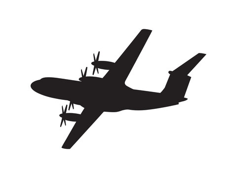 Black silhouette of a four-engine military transport aircraft in flight. Vector icon of a large cargo airplane isolated on a white background for design