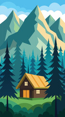 Cozy cabin in verdant pine forest below majestic mountain peaks digital illustration vector