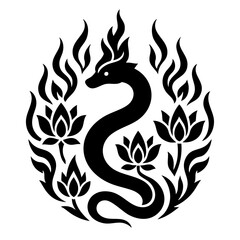 Thai Naga Minimal Vector Illustration with Lotus and Flame Motifs  Buddhist Art Design