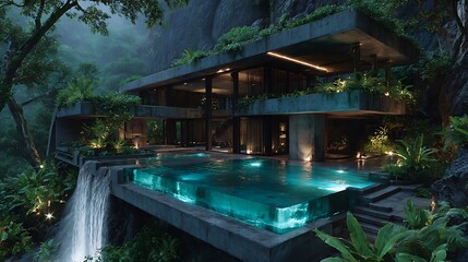 Luxurious modern villa with infinity pool cascading into a lush jungle waterfall at twilight