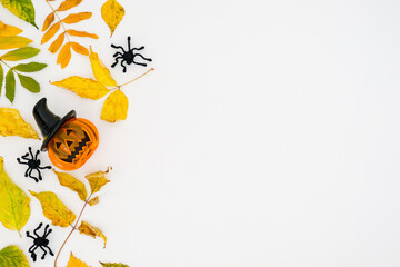 Horizontal Halloween banner with a Jack-o-lantern pumpkin, spiders and fall leaves on white background with place for text
