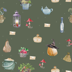 halloween seamless  card with witch  enchanted things
