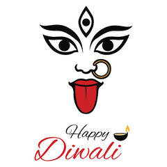 Happy Diwali Greeting with Goddess Kali Face, Festive Lights, and Traditional Celebration.