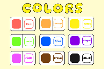 Colors flashcards for kids. Great for kindergarten, school materials. Colorful and simple vector illustration. Red, orange, yellow, green, blue, purple, pink, brown, black.
