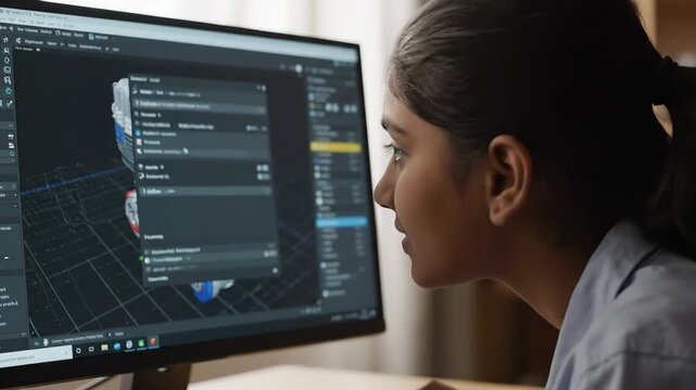 Student Designing 3D Engine Model on Computer - A young female student is intensely focused on designing a 3D model of an engine on her computer using CAD software.