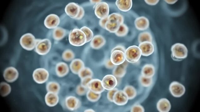 Cell Releasing Extracellular Vesicles - Microscopic view of a cell releasing numerous extracellular vesicles. The vesicles appear as smaller spheres budding from the surface of a larger cell.