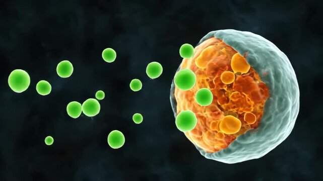 Cell Releasing Extracellular Vesicles - Microscopic animation depicting a cell releasing numerous green extracellular vesicles.