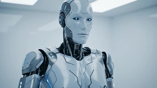 Futuristic Android Robot in White Lab - Close-up of a sophisticated humanoid robot with detailed mechanical features, set against a clean white background.