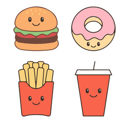 Cute Fast Food Icon Set – Smiling Cartoon Burger, Donut, Fries, and Soda for Whimsical, Child-Friendly, and Educational Designs